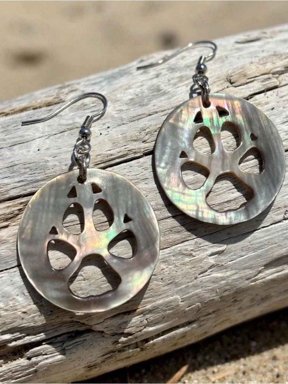Hand carved Natural Black Lip Shell Wolf Paw Print Earrings